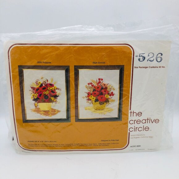 The Creative Circle #526 “Poppies & Zinnias” Stitchery Kit 8″×10″ New/Sealed - Picture 1 of 9